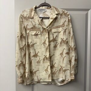 Vintage Silk Giraffe Print Button-Up Blouse - Cream & Brown